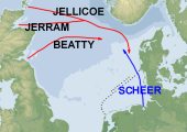 Jutlandia 1 junio 1936. Trayectoria de las flotas. Jellicoe sale de Scapa Flow y Scheer de Wilhemshaven